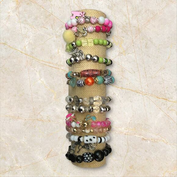 Rock Star Bracelet Set | 80s-Inspired Pink Glass Bead Stretchy Accessory - Picture 6 of 6